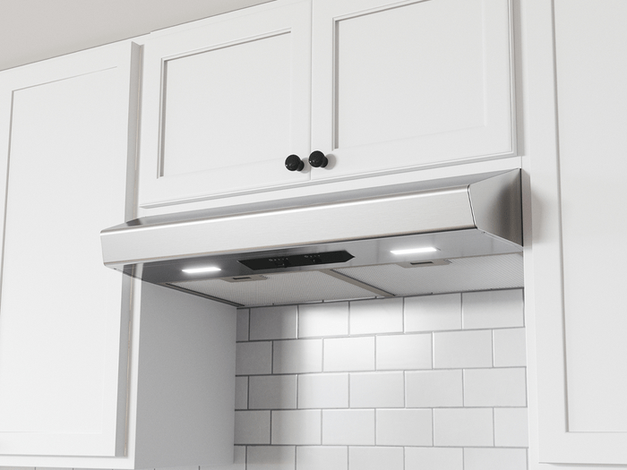 36 Inch Range Hood 400 CFM  Breeze I Under-Cabinet Range Hood. Breeze I sets the industry value standard with its sophisticated features and performance. Three-speed, 250-CFM blower quietly clears the air. Convenient dishwasher-safe aluminum filters. Efficiently remove airborne residues. Sleek, integrated controls. Dual-level LumiLight LED lights. Available in stainless steel, black and white finishes