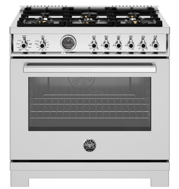 36 Inch Range  Dual Fuel Range with Six Brass Burners and Cast Iron Electric Griddle. Self Clean 5.9 Cu Ft Convection Oven. Two dual ring 19,000 BTU power-burners that boil water in under 6 minutes (best in class). Cooking zones: Power burners 2x 1300 BTU - 19000 BTU. Rapid burner 2500 BTU - 10400 BTU. Medium burner 2 x 1500 BTU - 5900 BTU. Simmer burner 750 BTU - 3500 BTU