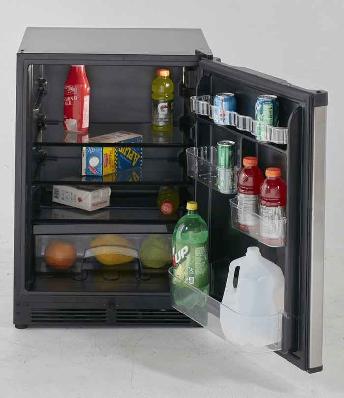 24 Inch Beverage Fridge  Keep your snacks and favorite beverages close by in the compact, 5.2 cubic foot black refrigerator with a stainless steel door. Door Security lock