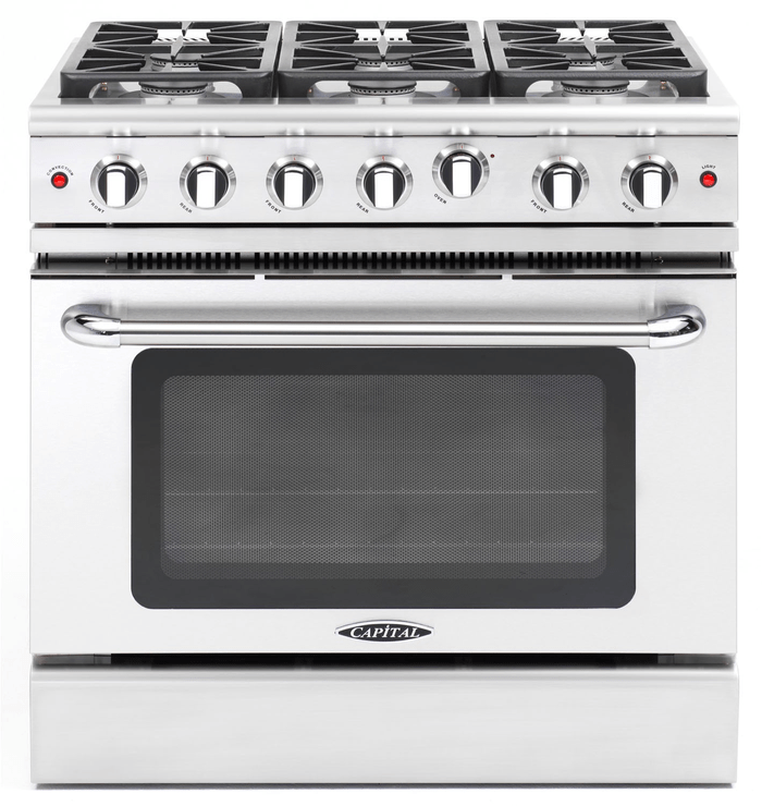 48 Inch Range  Double Oven All Gas Range. Six Brass Burners and 12 Inch Electric Griddle. Electric manual clean oven. Dual convection fan for balanced airflow and even temperature baking and roasting on 7 shelf levels. Large Oven: 4.7 cu. ft. Small Oven: 2.4 cu. ft. Cooking zones: Power burners 2 x 1300 BTU - 19000 BTU. Rapid burner 2500 BTU - 10400 BTU. Medium burner 2 x 1500 BTU - 5900 BTU. Simmer burner 750 BTU - 3500 BTU. Griddle power 1100 W