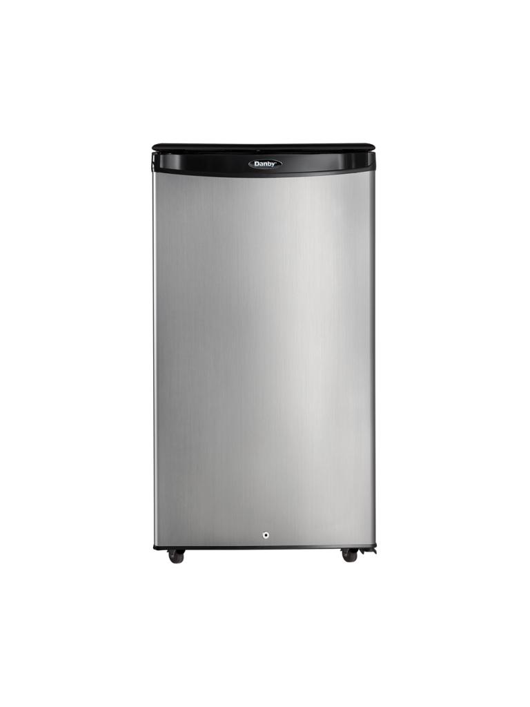 18 Inch Bar Fridge  3.3 cu.ft (93 L) Capacity Compact Refrigerator ENERGY STAR® certified, energy-efficient to help you save money without sacrificing performance 4 castors featuring stainless steel ball bearings for rust-resistance Tested for cooling capacity in a tropical environment (109°F / 43°C) Rated to IPX4 water ingress protection for safety Waterproof electrical housing UV protected plastics R600a refrigerant Automatic defrost 2 full width and 1 half – width adjustable wire shelves Integrated door shelving with tall bottle storage Mechanical thermostat CanStor® beverage dispensing system Interior light Spotless steel door finish – looks identical to real stainless steel but without the smudging