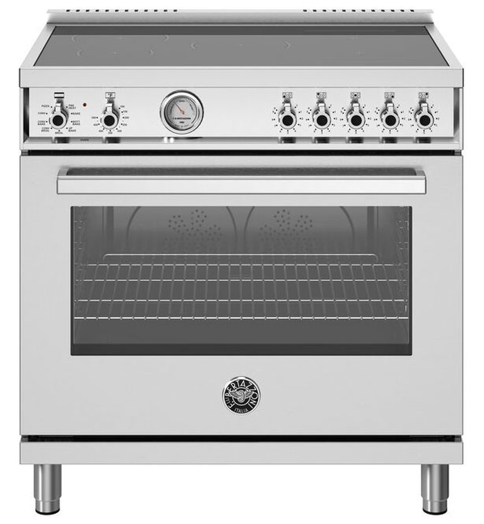 36 Inch Range  Large Capacity Induction Range. Five Induciton Zones. Large 5.9 cu. ft. Manual Clean Oven. European Dual Fan Convection. Elegant Temperature Gauge. 3700W maximum Power output. The intuitive power bridge zone is designed to automatically adjust to fit the size of your cookware. Two Induction 2 bridge zones. Induction front left: size 5 3/5 inch 1400W up to 2200W. Induction back left: size 8 1/4 inch 2300W up to 3700W. Induction center: size 8 1/4 inch 2300W up to 3700W. Induction front right Bridge 2100W - 3700W. Induction back right Bridge 2100W - 3700W.