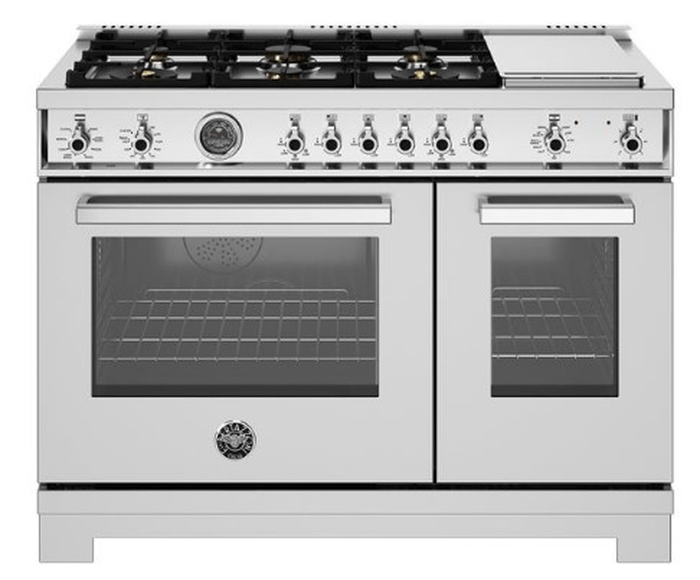 48 Inch Range  Double Oven Dual Fuel Range. Six Brass Burners and 12 Inch Electric Griddle. Electric self clean oven. Dual convection fan for balanced airflow and even temperature baking and roasting on 7 shelf levels. Large Oven: 4.7 cu. ft. Auxiliary Oven: 2.4 cu. ft. Cooking zones: Power burners 2 x 1300 BTU - 19000 BTU. Rapid burner 2500 BTU - 10400 BTU. Medium burner 2 x 1500 BTU - 5900 BTU. Simmer burner 750 BTU - 3500 BTU. Griddle power 1100 W