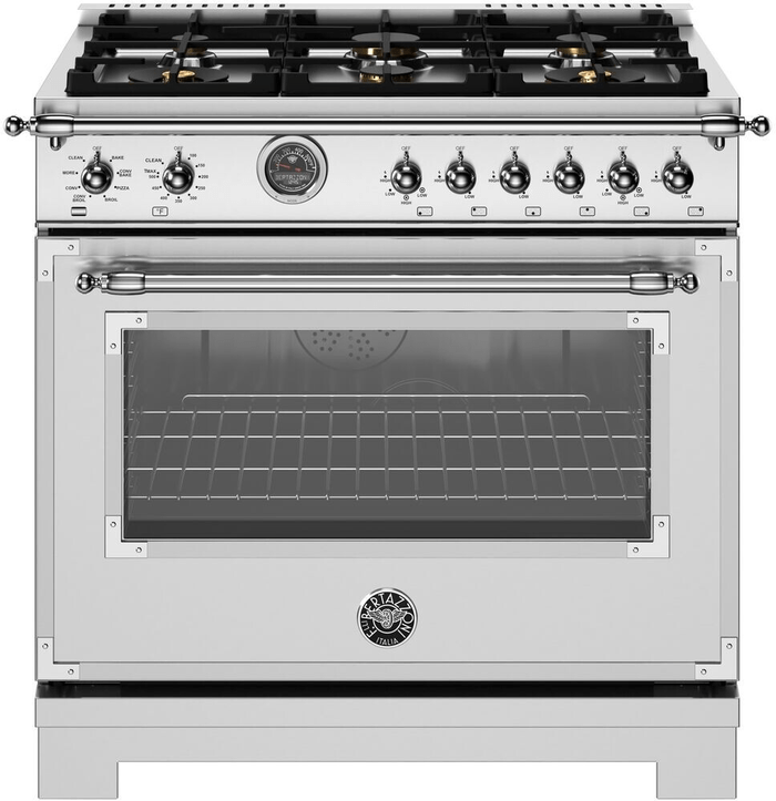 36 Inch Range  Dual Fuel Range with Six Brass Burners and Cast Iron Electric Griddle. Self Clean 5.9 Cu Ft Convection Oven. Two dual ring 19,000 BTU power-burners that boil water in under 6 minutes (best in class). Cooking zones: Power burners 2x 1300 BTU - 19000 BTU. Rapid burner 2500 BTU - 10400 BTU. Medium burner 2 x 1500 BTU - 5900 BTU. Simmer burner 750 BTU - 3500 BTU