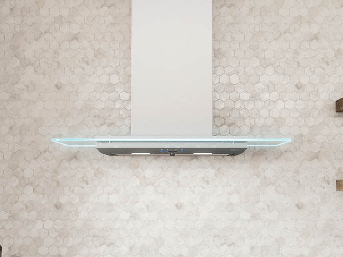 36 Inch Range Hood 600 CFM  Verona is topped with a straight glass canopy that also serves as an ambiance setting LED display. Select the Cloud White, Deep Blue and Amber color options to best match your kitchen’s décor, or choose the Demo mode that displays all three settings in 10-second intervals. Verona includes LumiLight LED lighting and 5-speed ICON Touch controls. Verona Wall ZVO-E30BG ZVO-M90BG