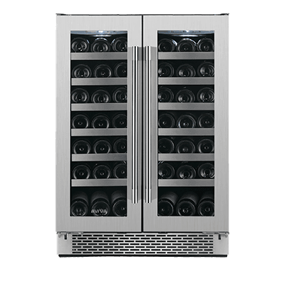 24 Inch Beverage Fridge  Dual Temp zone 42 bottles or 21 bottles and 64 cans temp. range (per zone): 4-18 degreesC Each side convertible to beverage center UV tinted glass with Low-E argon gas 12 wood racks and 3 glass shelves (included) Blue, white or orange top Interior LED Lighting Dimensions: 23 4/5 (W) x 23 3/4 (D) x 34 1/2 (H)