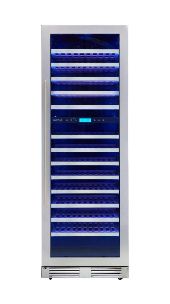 24 Inch Wine Fridge  162 bottles Seamless stainless steel door. Dual zone, temp. range: Upper zone: 5-12°C, Lower zone: 12-18°C.