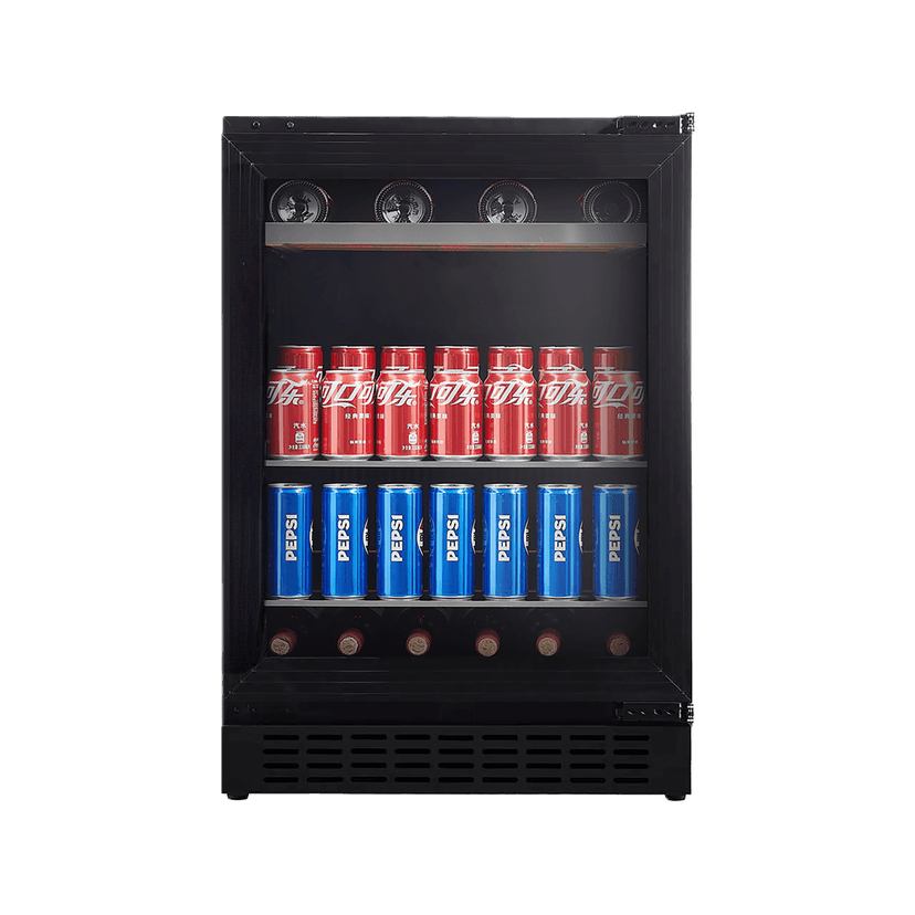 24 Inch Beverage Fridge Single temp zone Fully built-in single zone, temp. range: 1-18 degreesC. Field-reversible door 4-level Blue LED lighting.Triple-paned glass with Low-E argon gas. 2 height-adjustable glass shelves Dimensions: 23 1/2 (W) x 21 11/16 (D) x 34 (H)