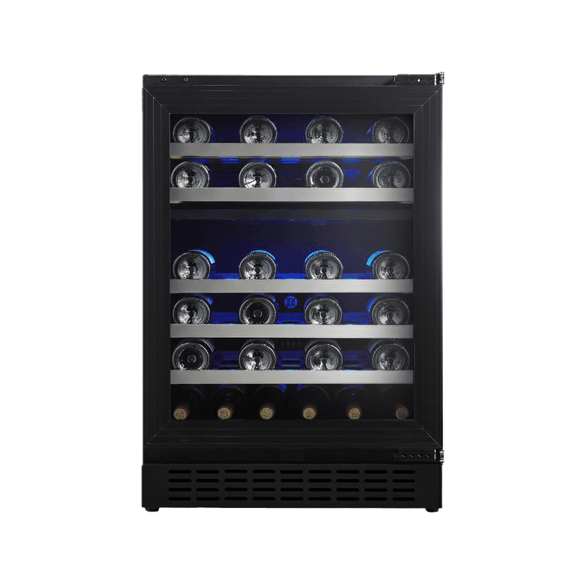 24 Inch Wine Fridge Dual Zone Built-in or freestanding dual zone, temp. range: 1-10 degreesC. Field-reversible door UV tinted glass with Low-E argon gas 3 height-adjustable glass shelves Dimensions: 23 1/2 (W) x 21 11/16 (D) x 34 (H)