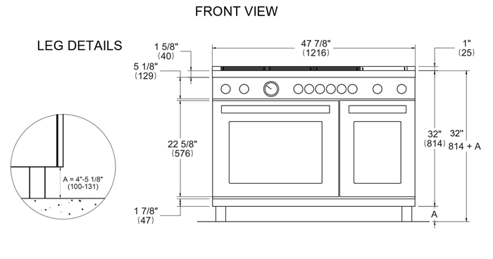 48 Inch Range Sealed Brass Burners Double Oven All Gas Range. Six Brass Burners and 12 Inch Electric Griddle. Electric manual clean oven. Dual convection fan for balanced airflow and even temperature baking and roasting on 7 shelf levels. Large Oven: 4.7 cu. ft. Small Oven: 2.4 cu. ft. Cooking zones: Power burners 2 x 1300 BTU - 19000 BTU. Rapid burner 2500 BTU - 10400 BTU. Medium burner 2 x 1500 BTU - 5900 BTU. Simmer burner 750 BTU - 3500 BTU. Griddle power 1100 W