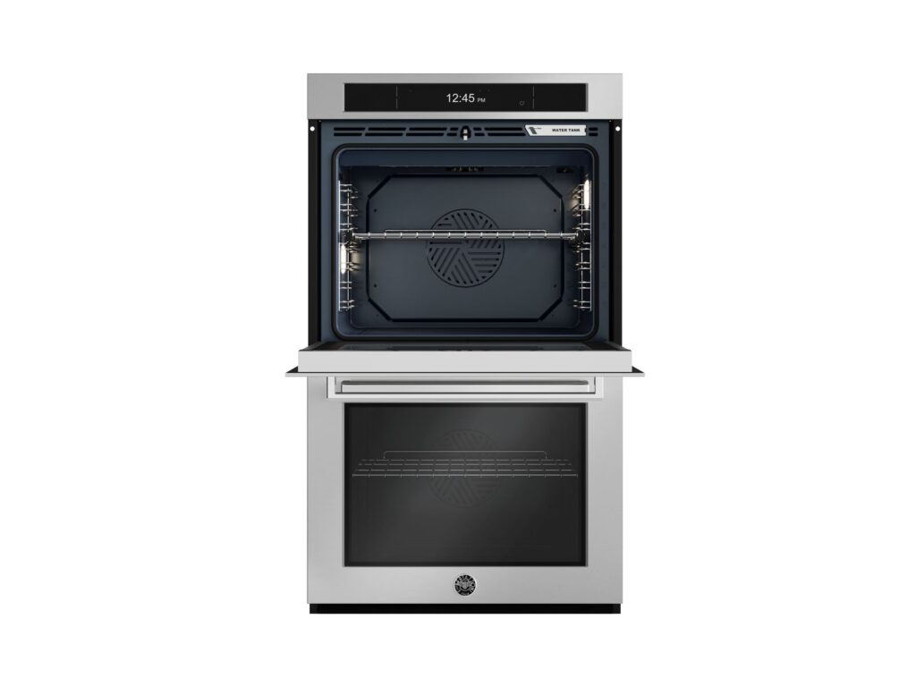 30 Inch Wall Oven Combination with Steam Bertazzoni built-in ovens embody the artistry of Italian design and the discipline of precision engineering, bringing a truly elevated cooking experience into the modern kitchen.

Steam Assist combines convection heat with controlled steam for crisp, golden exteriors and exceptionally moist, flavorful interiors, while also reducing cooking time and simplifying cleanup.

The 8.8" Full Touch TFT Display delivers a refined, intuitive interface, while the Bertazzoni app enables remote control, real-time monitoring, and seamless access to curated recipes.

The built-in Air Fry mode achieves perfectly crisp, golden results without deep frying, using high heat and optimized airflow for a healthier approach to indulgent cooking.

With Bertazzoni Assistant, you simply select your dish and preferred doneness, and the oven intelligently manages the entire cooking process. An integrated meat probe ensures precise internal temperature control every time.

A generous double cavity design, with 4.8 cu. ft. capacity per oven, offers expansive space for everyday meals and effortless entertaining—17% larger than previous generations.

Bertazzoni built-in ovens are designed with pride in Italy and covered by an industry-leading 2-year parts and labor warranty.
