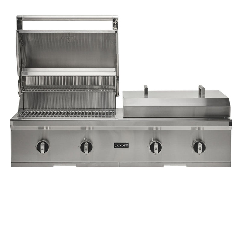 50 Inch Outdoor Grill Natural Gas 20,000 BTUs Infinity Grilling Power with 600 Square Inches of Cooking Space. Two U-Burners with 17K BTUs Each on Flat Top. Complete 304 Stainless Steel Construction, That's Built to Last
Solid Light Grill Knobs, Interior Grill Lighting, Spring Assisted Hood, & Heat Dividers