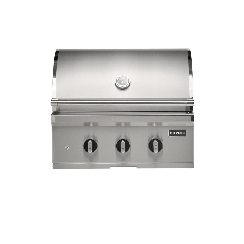 30 Inch Outdoor Grill Natural Gas 50,000 BTUs Output and 640 Square Inches of Cooking Space. Outfitted with 1 Coyote Infinity Burner and 1 Infrared Burner, you’ll get maximum versatility out of this little grill… and it will pump out 55,000 BTUs of heat. This grill features complete 304 stainless steel construction and 585 square inches of cooking area. This unit will also include black briquettes and premium laser cut grill grates.