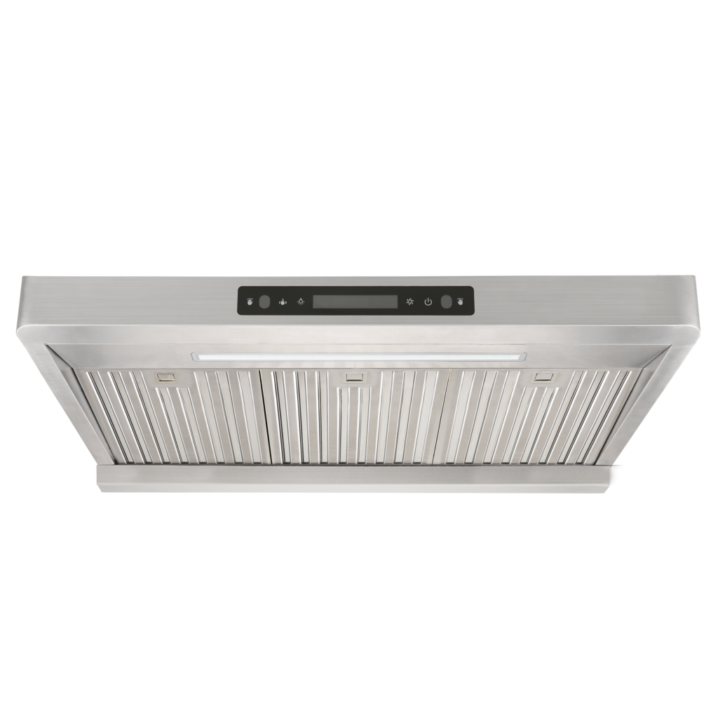 36 Inch Range Hood 860 CFM  Vesta's Alexandria 36" stainless steel under-cabinet range hood is a durable companion for your kitchen. Featuring a pair of strong motors, a touchscreen panel, three baffle filters, and a long LED bar, this unit will elevate your cooking experience to new heights.

This unit exhausts air at a maximum level of 860cfm
You can switch between 6 fan speeds using the touchscreen
The baffle filters are detachable and dishwasher-friendly
6" round or 3.25"?10" rectangular vent connections on top
The LED light bar provides a brighter cooking area
The stainless steel body is easy to clean with a wet cloth