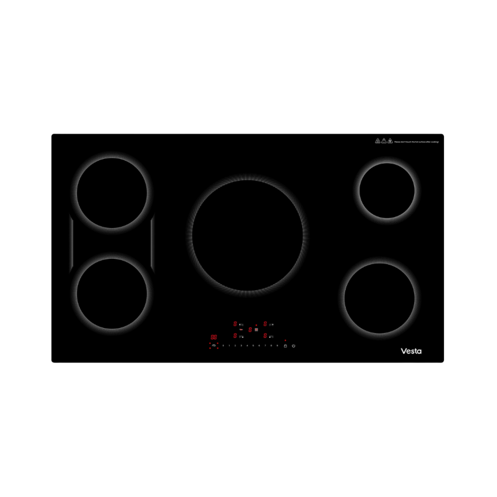 36 Inch Cooktop 5 Burners Vitroceramic Surface: Optimal heat conductivity
Power Options: Select from 9 power levels
Other Features: Timer (up to 99 minutes), child lock
cETL-Certified: Meets strict electrical safety standards
Warranty: 2 Years for parts and labor
Elements/Burners:
Front-Left Element: 1,600W
Front-Right Element: 1,800W
Center Element: 3,600W (1,200W ? 3)
Rear-Left Element: 1,600W
Rear-Right Element: 1,600W
Bridge Zone: 400W