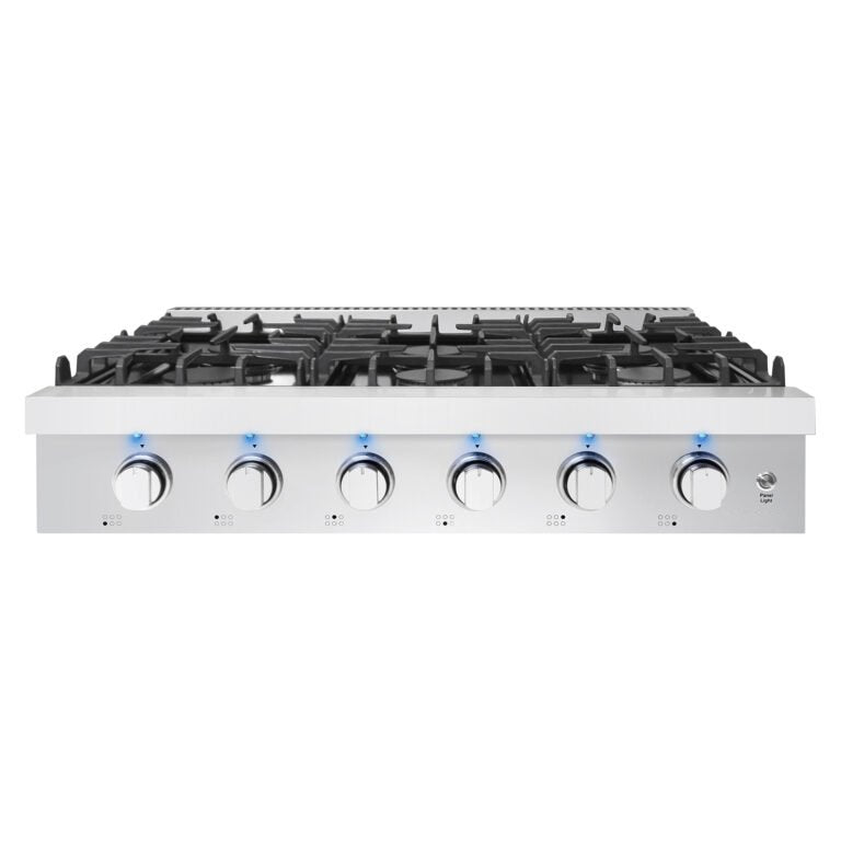 36 Inch Rangetop 6 DEFENDI Burners Dimensions (W?H?D): 36" ? 8.7" ? 27.4"
Fuel Type: Full Gas
Cooktop:
Knobs: 6 Knobs Ring with Blue LED Light
Pan Support: Cast Iron Pot Rack
Ignition: Electronic with Auto Reignition
Cooktop Plate: Black Porcelain
Cooking Zones: 6 Burners