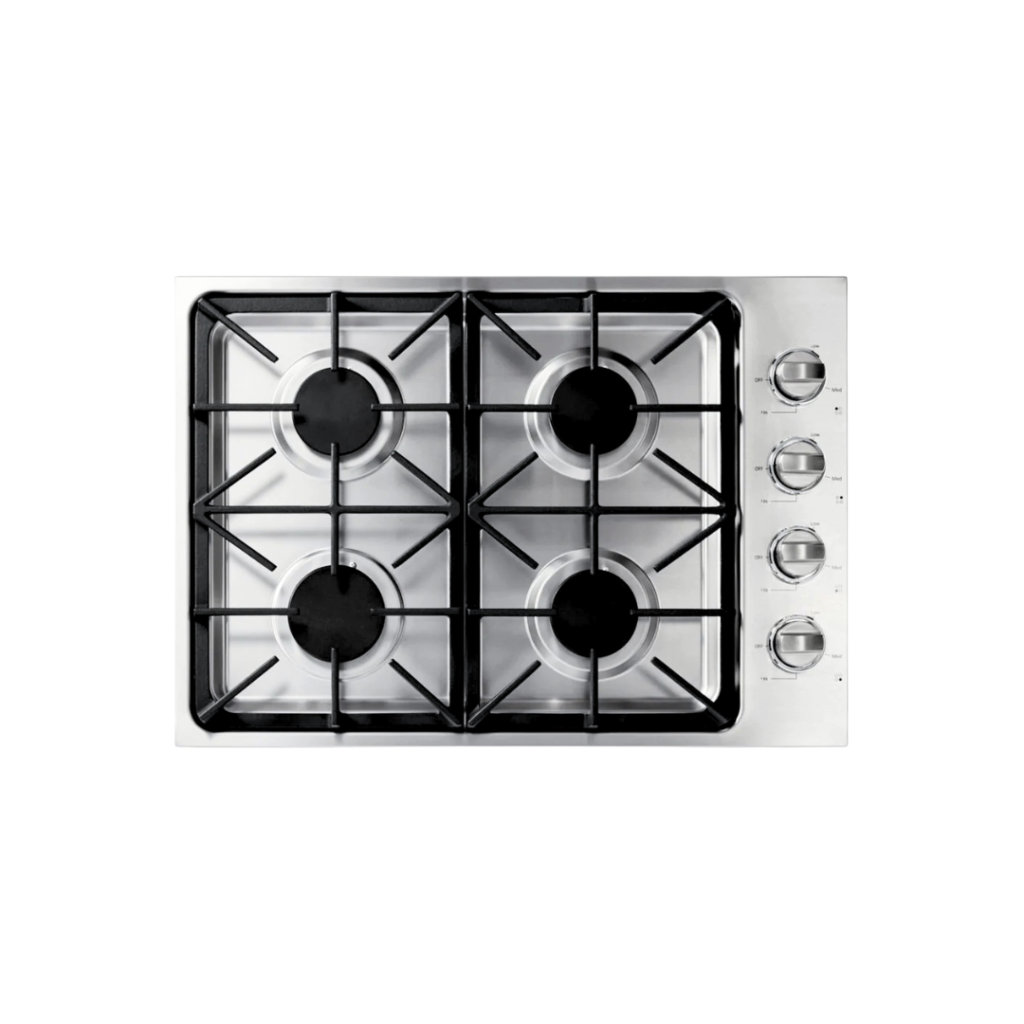 30 Inch Cooktop 4 gas burners Burners:
Front-Left Burner: 18,000 BTU
Front-Right Burner: 9,000 BTU
Rear-Left Burner: 12,000 BTU
Rear-Right Burner: 9,000 BTU
