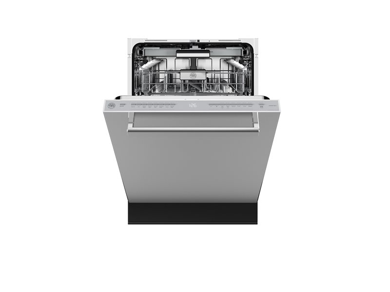 24 Inch Dishwasher 39 dB(A) This stainless steel tall tub dishwasher is the quietest model and largest loading capacity ever offered by Bertazzoni. It offers superb cleaning performance with 3 spray arms and a DirectWash zone to remove tough deposits. Loads up to 16 place settings and it is equipped with 3 racks: a cutlery tray, a convenient height-adjustable loaded on 3 levels middle rack and a folding tines lower rack. Select one of the 8 available wash cycles and 7 wash options through the concealed multi-button interface. This dishwasher is perfectly insulated and virtually inaudible at 39 dB(A) with optional Stealth mode.