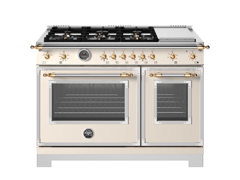 48 Inch Range  Double Oven All Gas Range. Six Brass Burners and 12 Inch Electric Griddle. Electric manual clean oven. Dual convection fan for balanced airflow and even temperature baking and roasting on 7 shelf levels. Large Oven: 4.7 cu. ft. Small Oven: 2.4 cu. ft. Cooking zones: Power burners 2 x 1300 BTU - 19000 BTU. Rapid burner 2500 BTU - 10400 BTU. Medium burner 2 x 1500 BTU - 5900 BTU. Simmer burner 750 BTU - 3500 BTU. Griddle power 1100 W