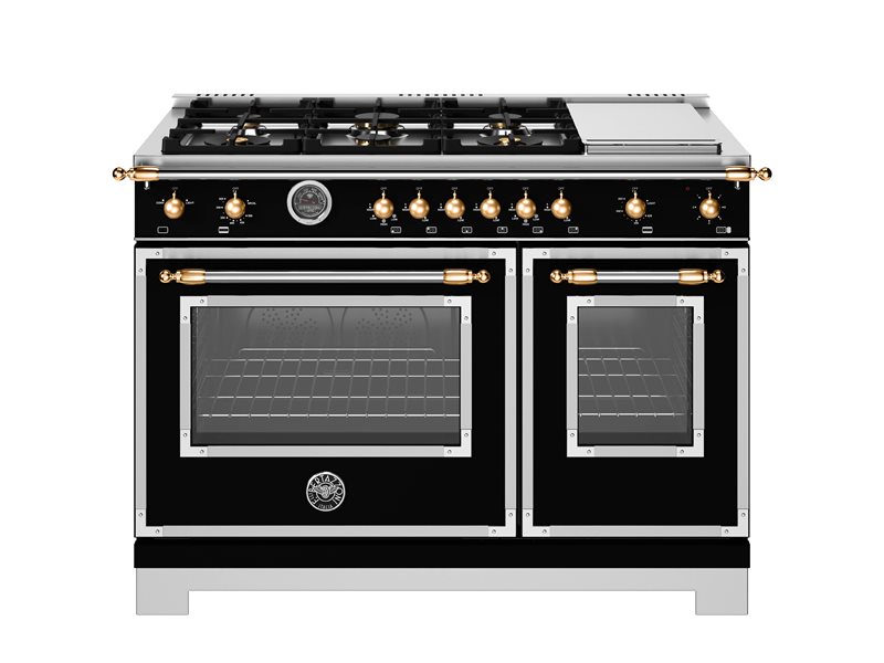 48 Inch Range  Double Oven All Gas Range. Six Brass Burners and 12 Inch Electric Griddle. Electric manual clean oven. Dual convection fan for balanced airflow and even temperature baking and roasting on 7 shelf levels. Large Oven: 4.7 cu. ft. Small Oven: 2.4 cu. ft. Cooking zones: Power burners 2 x 1300 BTU - 19000 BTU. Rapid burner 2500 BTU - 10400 BTU. Medium burner 2 x 1500 BTU - 5900 BTU. Simmer burner 750 BTU - 3500 BTU. Griddle power 1100 W