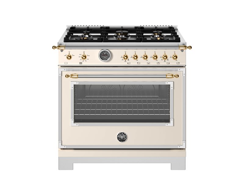 36 Inch Range  All Gas Range with Six brass burners and Cast Iron Electric Griddle. Manual Clean 5.9 Cu Ft Convection Oven. Two dual ring 19,000 BTU power-burners that boil water in under 6 minutes (best in class). Cooking zones: Power burners 2x 1300 BTU - 19000 BTU. Rapid burner 2500 BTU - 10400 BTU. Medium burner 2 x 1500 BTU - 5900 BTU. Simmer burner 750 BTU - 3500 BTU