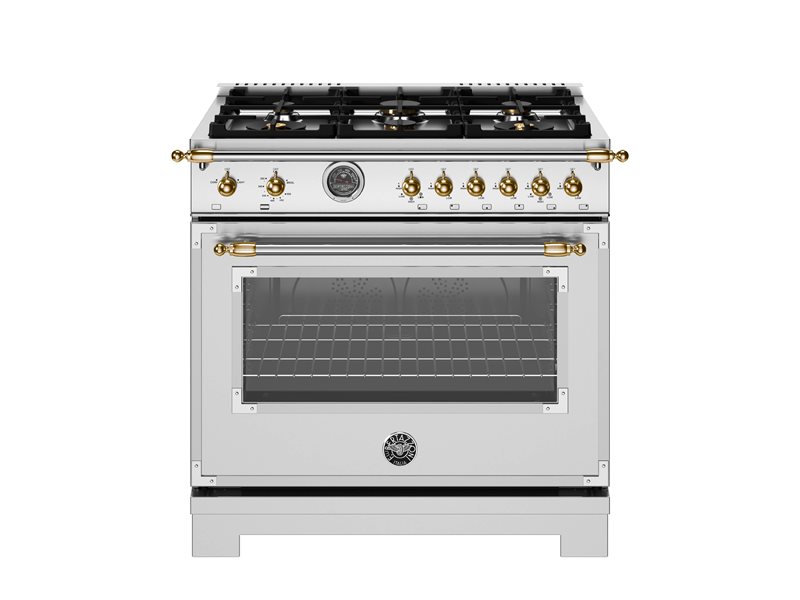 36 Inch Range  All Gas Range with Six brass burners and Cast Iron Electric Griddle. Manual Clean 5.9 Cu Ft Convection Oven. Two dual ring 19,000 BTU power-burners that boil water in under 6 minutes (best in class). Cooking zones: Power burners 2x 1300 BTU - 19000 BTU. Rapid burner 2500 BTU - 10400 BTU. Medium burner 2 x 1500 BTU - 5900 BTU. Simmer burner 750 BTU - 3500 BTU