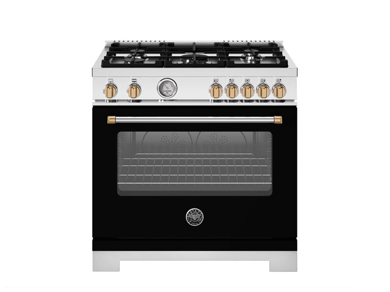 36 Inch Range  All Gas Range with five aluminum burners and Cast Iron Electric Griddle. Manual Clean 5.9 Cu Ft Convection Oven. Two dual ring 19,000 BTU power-burners that boil water in under 6 minutes (best in class). Cooking zones: Power burners 2x 1300 BTU - 19000 BTU. Rapid burner 2500 BTU - 10400 BTU. Medium burner 2 x 1500 BTU - 5900 BTU. Simmer burner 750 BTU - 3500 BTU