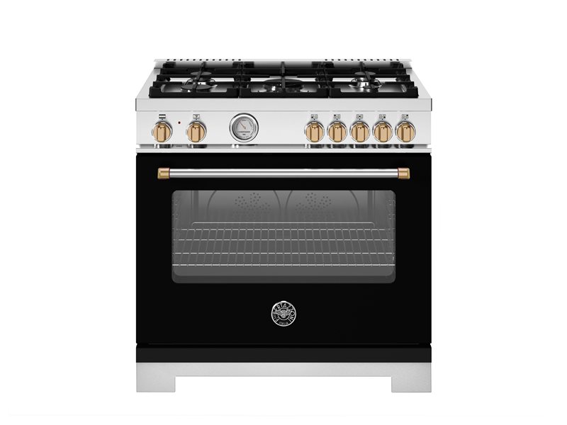 36 Inch Range Sealed Brass Burners All Gas Range with five aluminum burners and Cast Iron Electric Griddle. Manual Clean 5.9 Cu Ft Convection Oven. Two dual ring 19,000 BTU power-burners that boil water in under 6 minutes (best in class). Cooking zones: Power burners 2x 1300 BTU - 19000 BTU. Rapid burner 2500 BTU - 10400 BTU. Medium burner 2 x 1500 BTU - 5900 BTU. Simmer burner 750 BTU - 3500 BTU