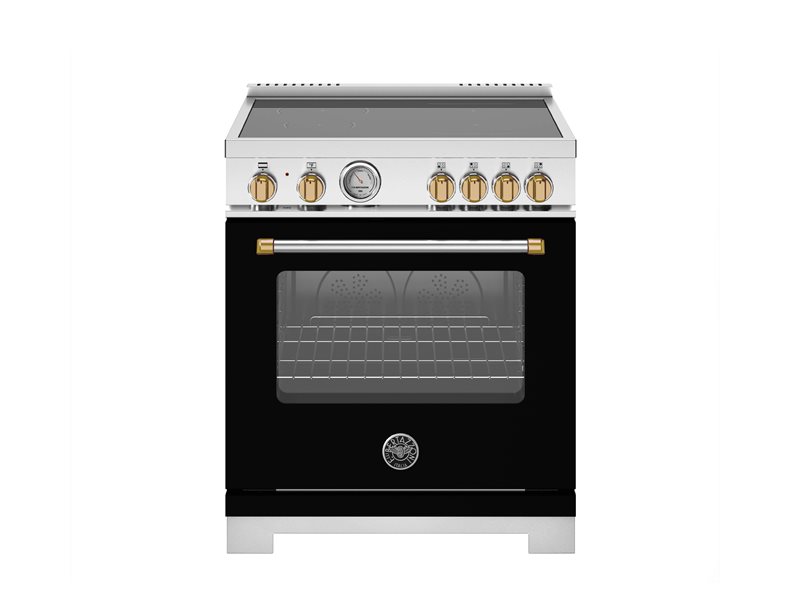 30 Inch Range  All-new Bertazzoni induction range. Manual clean 4.7 Cu Ft dual fan conection oven. Four high-power heating zones with maximum power output of 3700W. The right-side heating zones can be bridged to create a larger cooking surface. Even baking and roasting on 7 shelf levels. Induction front left size 5 3/5 inch 1400W up to 2200W. Induction back left size 8 1/4 inch 2300W up to 3700W. Induction front right Bridge 2100 W - 3700 W. Induction back right Bridge 2100W - 3700W. Induction 2 bridge zones. The intuitive power bridge zone is designed to automatically adjust to fit the size of your cookware, from a small milk pan to a large skillet