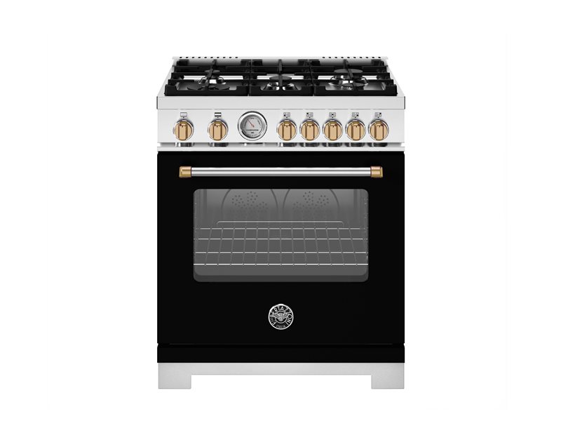 30 Inch Range  High-efficiency All Gas Range. Manual Clean 4.7 cu. ft. Capacity Convection Oven. Four 5 Mono-bloc brass burners with dual ring 19,000 BTU power-burner that boils water in under 6 minutes (best in class). Cooking zones: Power burner 1300 BTU - 19000 BTU. Rapid burner 2500 BTU - 10400 BTU. Medium burner 2 x 1500 BTU - 5900 BTU. Simmer burner 750 BTU - 3500 BTU