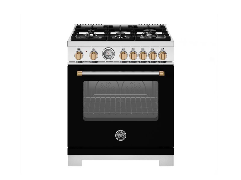 30 Inch Range Sealed Brass Burners High-efficiency All Gas Range. Manual Clean 4.7 cu. ft. Capacity Convection Oven. Four 5 Mono-bloc brass burners with dual ring 19,000 BTU power-burner that boils water in under 6 minutes (best in class). Cooking zones: Power burner 1300 BTU - 19000 BTU. Rapid burner 2500 BTU - 10400 BTU. Medium burner 2 x 1500 BTU - 5900 BTU. Simmer burner 750 BTU - 3500 BTU