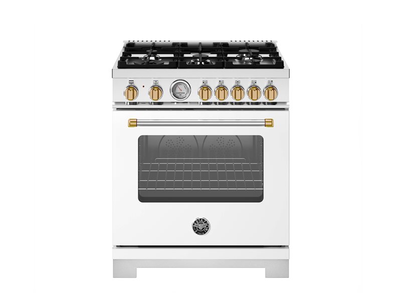 30 Inch Range Sealed Brass Burners High-efficiency All Gas Range. Manual Clean 4.7 cu. ft. Capacity Convection Oven. Four 5 Mono-bloc brass burners with dual ring 19,000 BTU power-burner that boils water in under 6 minutes (best in class). Cooking zones: Power burner 1300 BTU - 19000 BTU. Rapid burner 2500 BTU - 10400 BTU. Medium burner 2 x 1500 BTU - 5900 BTU. Simmer burner 750 BTU - 3500 BTU