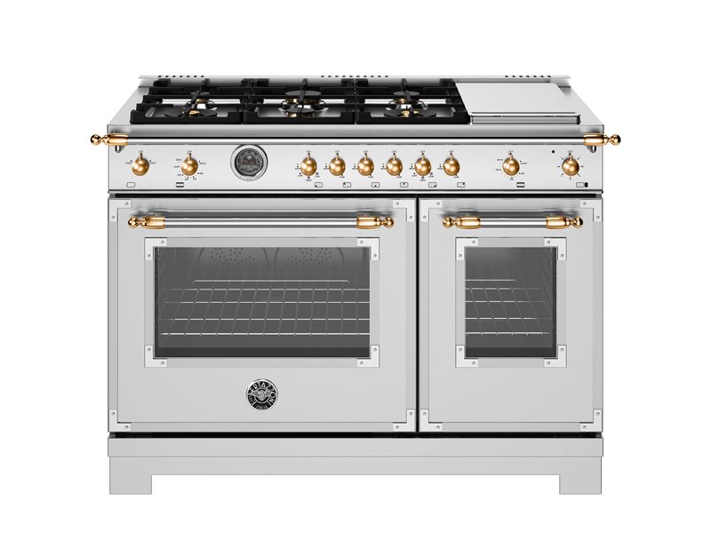 48 Inch Range  Double Oven All Gas Range. Six Brass Burners and 12 Inch Electric Griddle. Electric manual clean oven. Dual convection fan for balanced airflow and even temperature baking and roasting on 7 shelf levels. Large Oven: 4.7 cu. ft. Small Oven: 2.4 cu. ft. Cooking zones: Power burners 2 x 1300 BTU - 19000 BTU. Rapid burner 2500 BTU - 10400 BTU. Medium burner 2 x 1500 BTU - 5900 BTU. Simmer burner 750 BTU - 3500 BTU. Griddle power 1100 W